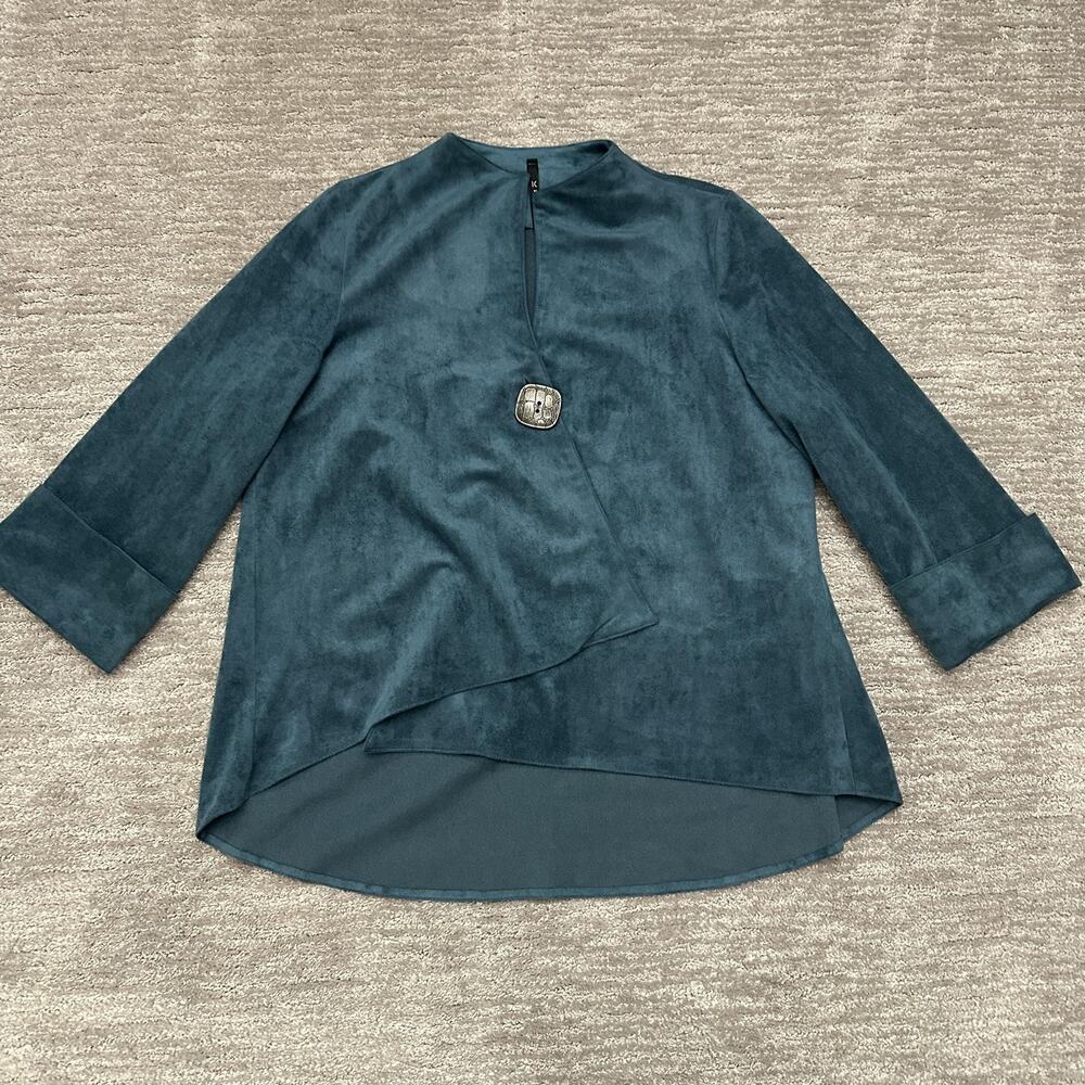 IC By Connie K Top Womens Large Blue Velour Asymmetrical Hem Cardigan Jacket